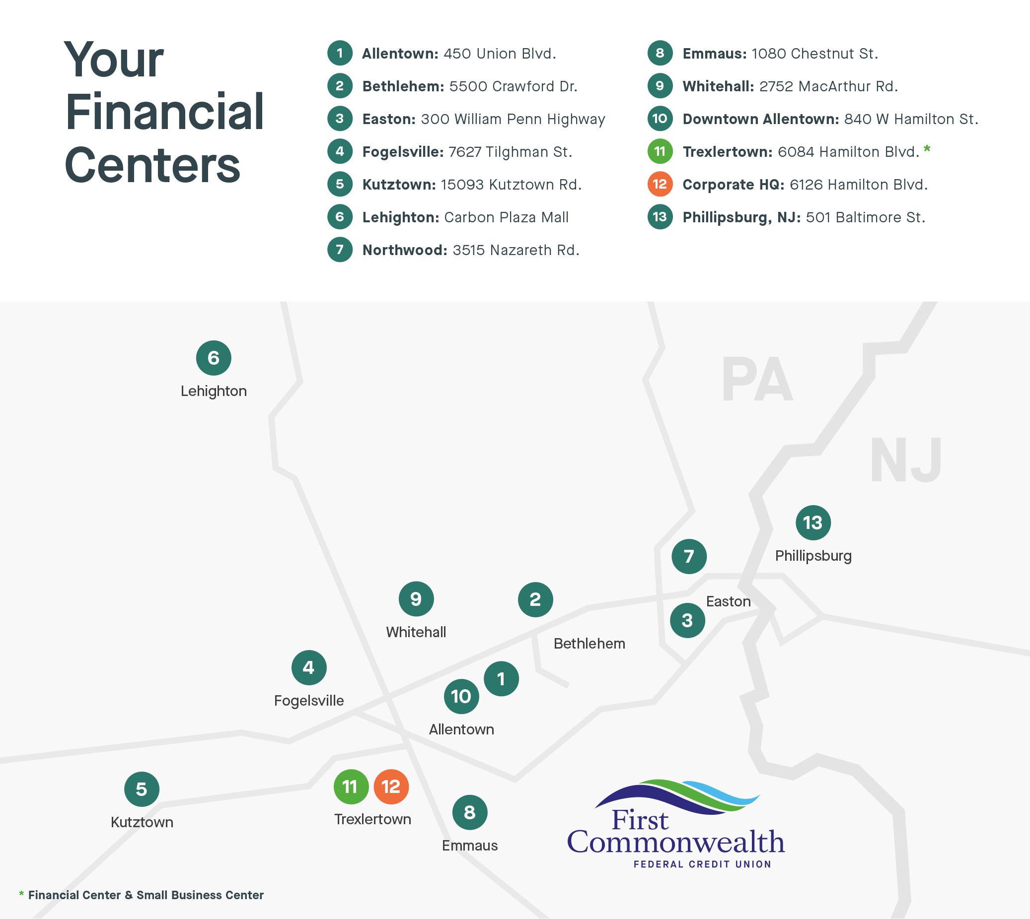 Map of First Commonwealth Federal Credit Union Financial Centers